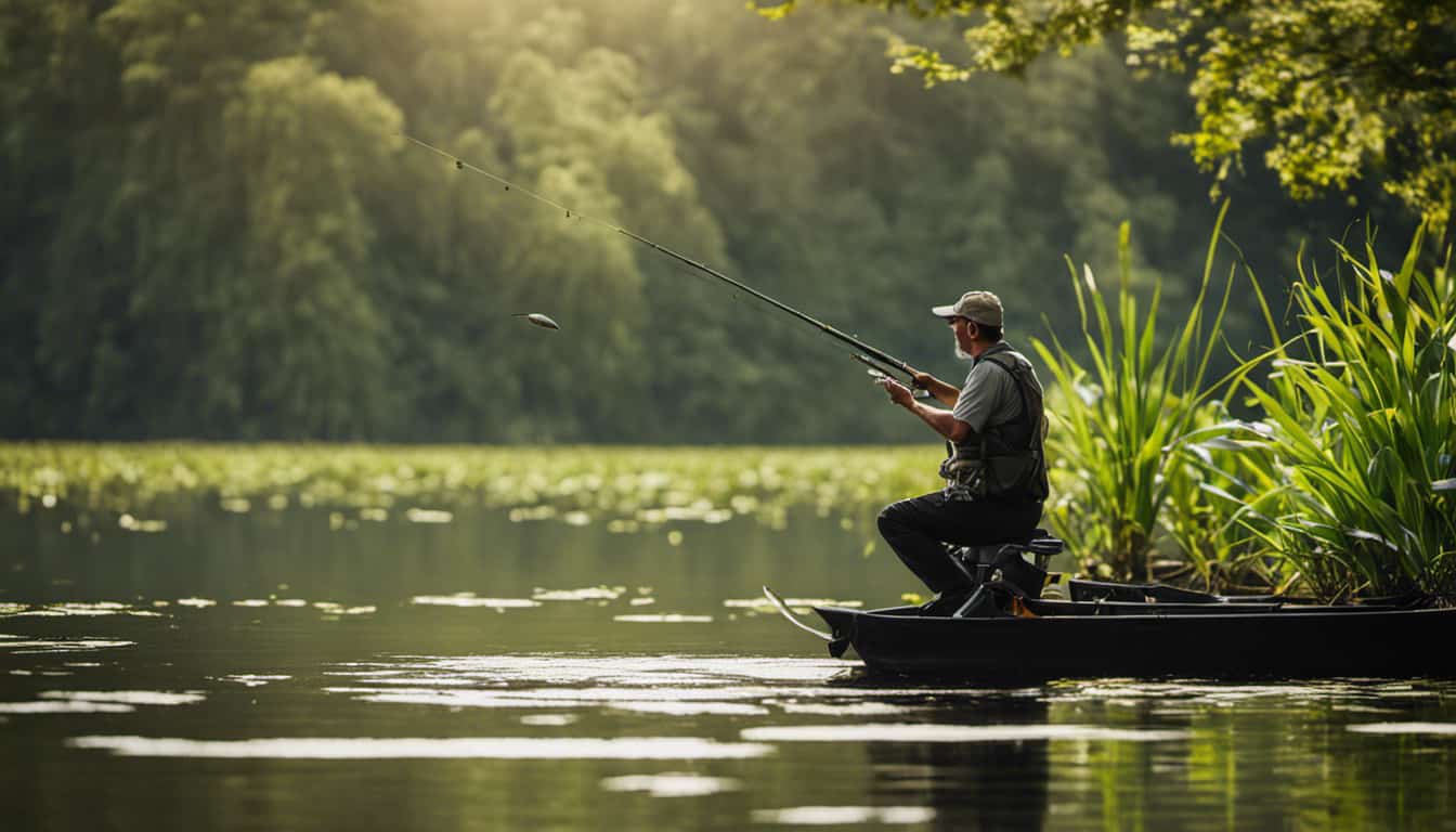 An image capturing a serene lake scene, showcasing an angler skillfully casting a lure towards a lily pad-covered bank