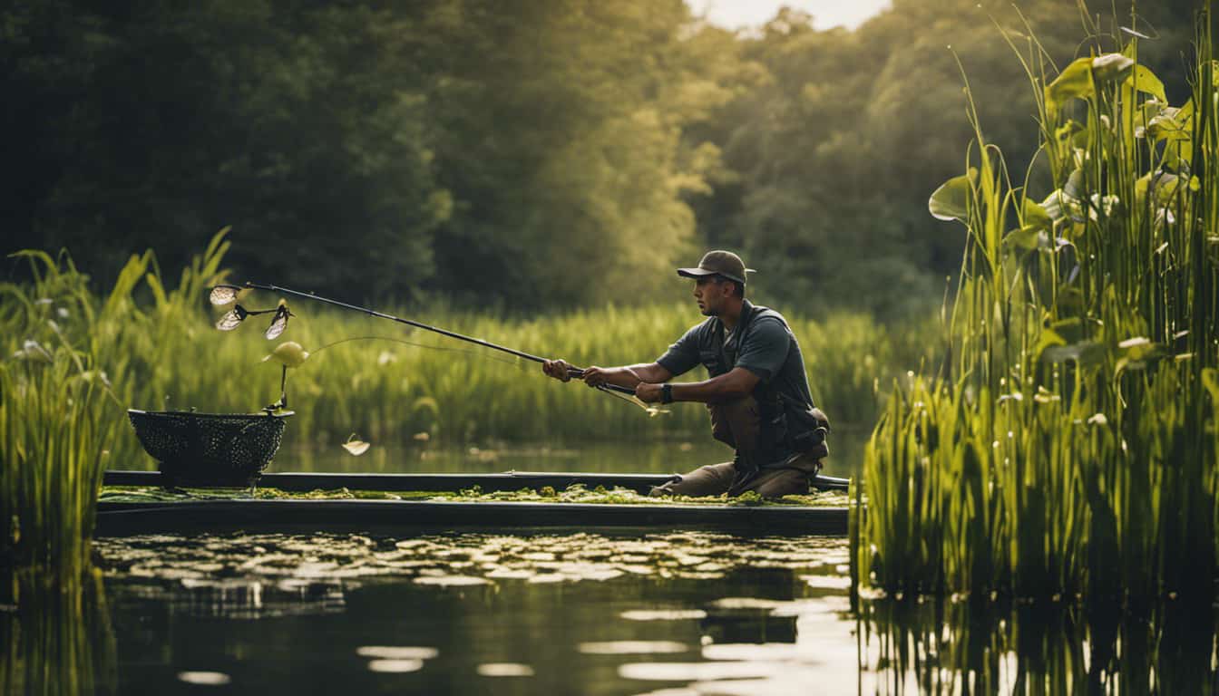 An image showcasing a skilled angler casting a baited line into a serene freshwater lake, capturing the intense focus on their face, as they target the elusive snakehead fish amidst lily pads and tangled aquatic vegetation