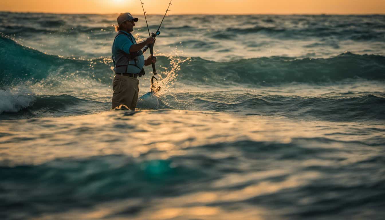 An image showcasing a skilled angler standing on a rocky shoreline, casting a silver spoon lure into crystal-clear turquoise waters