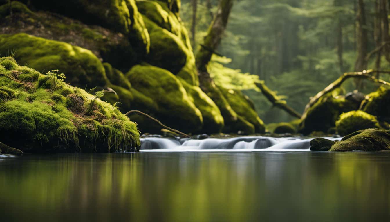An image showcasing a serene stream with crystal-clear water flowing gently over moss-covered rocks