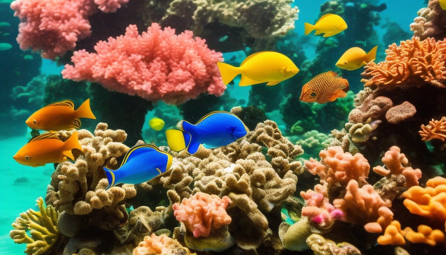 An image capturing the serene underwater world, with a school of vibrant tropical fish swimming in harmony, exploring a coral reef with intricate patterns and diverse textures, evoking curiosity and understanding of fish behavior